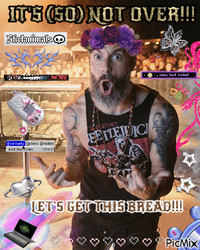 A Man With A Beard Wearing A Flower Crown Says It 'S ( So ) Not Over GIF