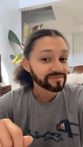 A Man With A Beard Wearing A Grey Champion Shirt GIF