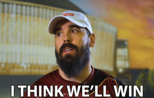A Man With A Beard Wearing A Hat And A Shirt That Says " I Think We 'Ll Win " GIF