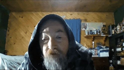 a man with a beard wearing a hooded jacket looks at the camera
