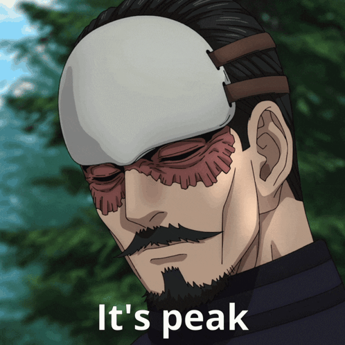 A Man With A Beard Wearing A Mask And The Words It 'S Peak Below Him GIF