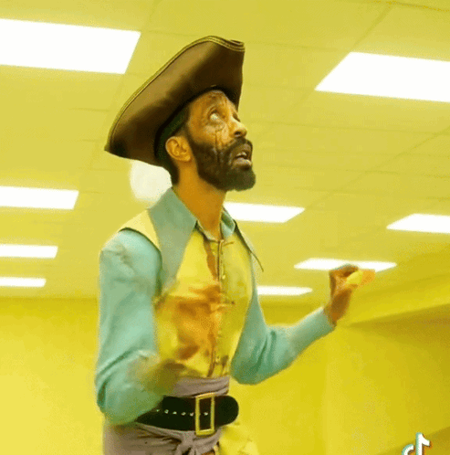 A Man With A Beard Wearing A Pirate Hat And Vest GIF