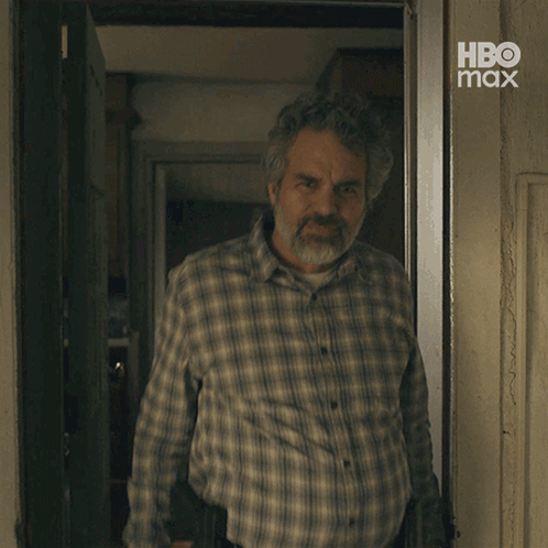 A Man With A Beard Wearing A Plaid Shirt With Hbo Max Written On The Bottom GIF