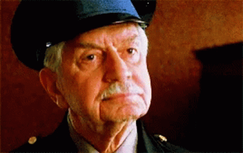 A Man With A Beard Wearing A Police Hat Looks At The Camera GIF