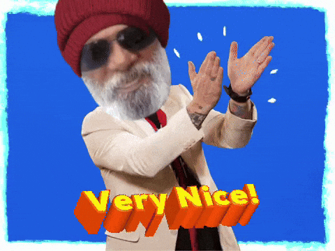 A Man With A Beard Wearing A Red Hat And Sunglasses Applauds With The Words " Very Nice " Above Him GIF