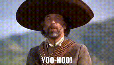 A Man With A Beard Wearing A Sombrero And A Gun Belt Says " Yoo-Hoo " . GIF
