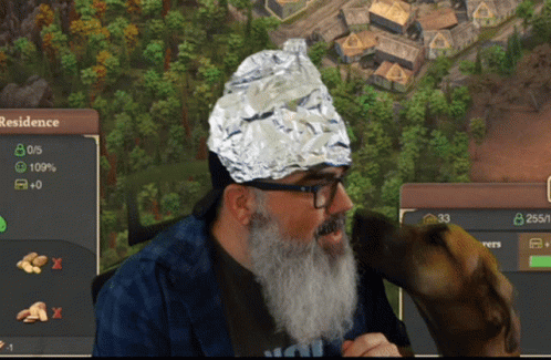 A Man With A Beard Wearing A Tin Foil Hat Is Playing A Video Game GIF