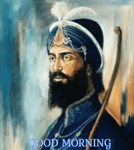 A Man With A Beard Wearing A Turban And Holding A Cane With The Words Good Morning Above Him GIF