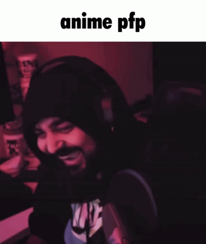 A Man With A Beard Wearing Headphones And A Shirt That Says " Anime Pfp " On It GIF