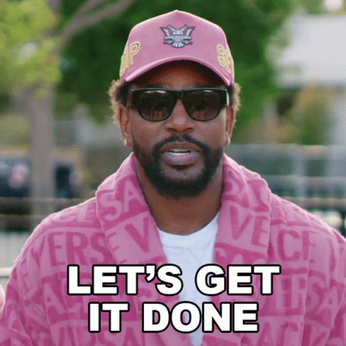A Man With A Beard Wearing Sunglasses And A Pink Hat Says Let 'S Get It Done GIF
