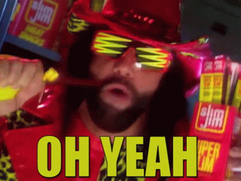A Man With A Beard Wearing Sunglasses And A Red Hat Says Oh Yeah In Yellow Letters GIF