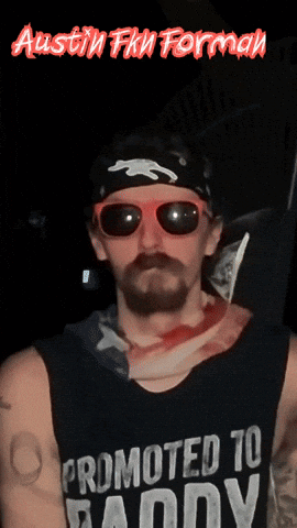 A Man With A Beard Wearing Sunglasses And A Shirt That Says Promoted To Daddy GIF