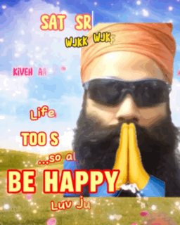 A Man With A Beard Wearing Sunglasses And A Turban Says " Be Happy " On The Bottom GIF