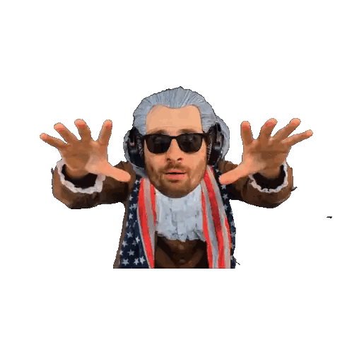 a man with a beard wearing sunglasses and headphones with his hands outstretched