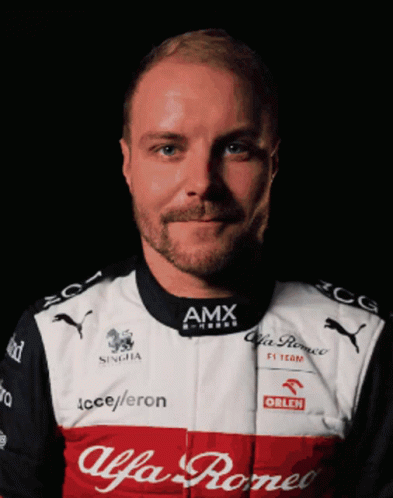 A Man With A Beard Wears A Red And White Shirt That Says Alfa Romeo GIF