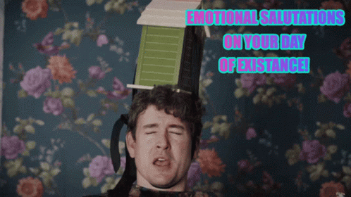 A Man With A Birdhouse On His Head With The Words " Emotional Salutations On Your Day Of Existence " Above Him GIF