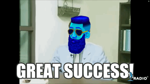 A Man With A Blue Beard And Sunglasses Is Saying Great Success GIF