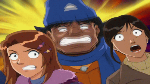 A Man With A Blue Hat Is Surrounded By Two Girls With Their Mouths Open GIF