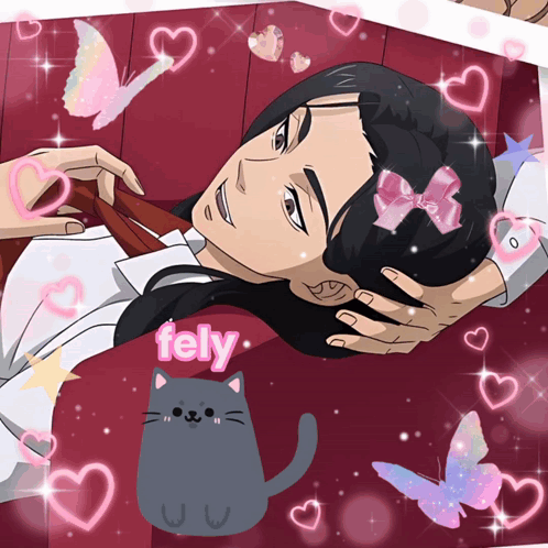 A Man With A Bow In His Hair Is Surrounded By Pink Hearts And A Cat With The Word Fely On It GIF
