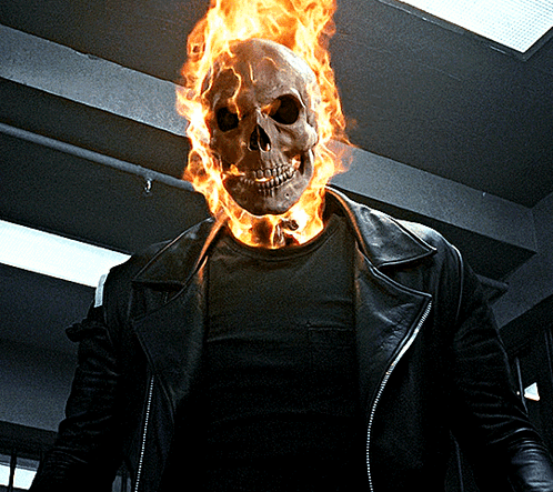 A Man With A Burning Skull On His Head Is Wearing A Leather Jacket GIF