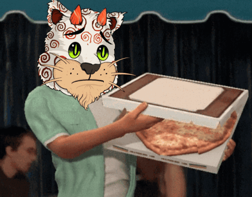 A Man With A Cat Mask Holding A Box Of Pizza GIF
