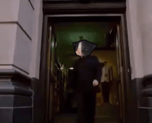 A Man With A Cat On His Head Is Walking Through A Doorway In A Dark Hallway . GIF