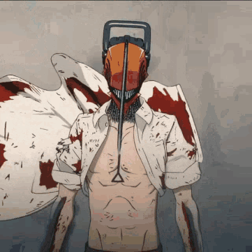 A Man With A Chainsaw On His Head And Blood On His Shirt GIF