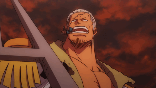 A Man With A Cigar In His Mouth Is Holding A Large Sword GIF