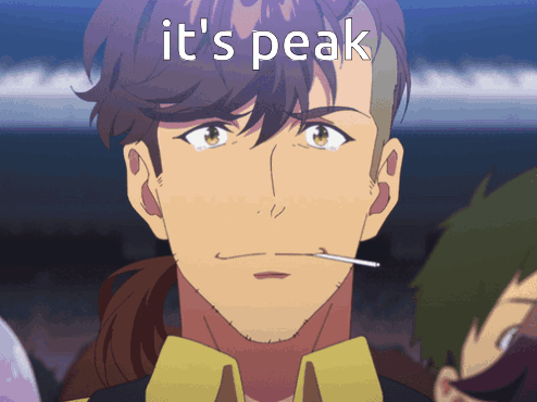 A Man With A Cigarette In His Mouth And The Words " It 'S Peak " Below Him GIF