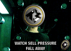 A Man With A Coin In Front Of His Face With The Words Watch Sell Pressure Fall Away Below Him GIF