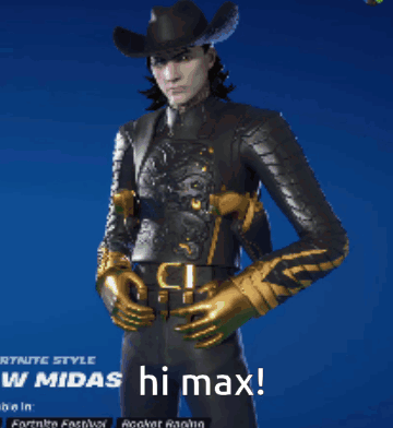 A Man With A Cowboy Hat And Gold Gloves Is Standing In Front Of A Blue Background That Says Fortnite Style GIF