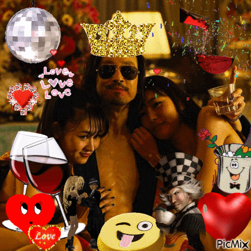 A Man With A Crown On His Head Is Surrounded By Hearts And A Disco Ball With The Words Love Love Love Written On It GIF