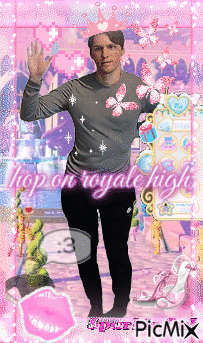 A Man With A Crown On His Head Stands In Front Of A Pink Background That Says Shop On Royale High GIF