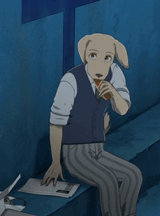 A Man With A Dog 'S Head Is Sitting On A Staircase GIF