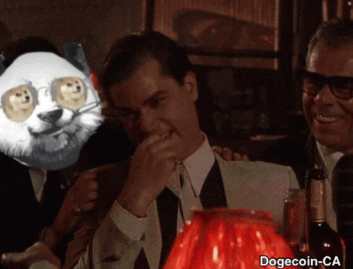 A Man With A Doge Coin On His Face Is Laughing GIF