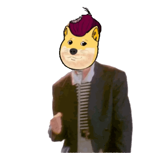 a man with a doge face on his head holds a microphone