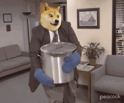 A Man With A Doge Head Holding A Pot GIF