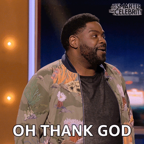 A Man With A Floral Jacket Says " Oh Thank God " GIF