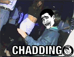 A Man With A Funny Face Is Holding A Woman 'S Butt And The Word Chadding Is Above Him GIF