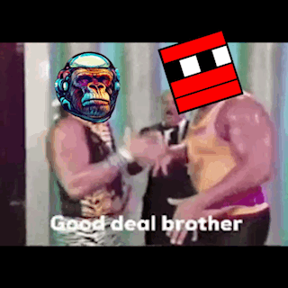 A Man With A Gorilla Mask On His Head Is Standing Next To Another Man With A Red Cube On His Head . GIF