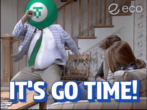 A Man With A Green Ball On His Head With The Words It 'S Go Time GIF