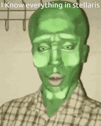 a man with a green face and the words i know everything in stellaris