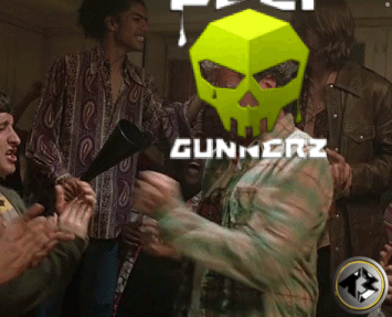 A Man With A Green Skull On His Head Is Wearing A Gunnerz Sticker GIF