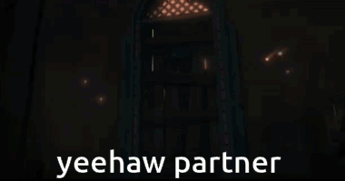 A Man With A Gun Standing In A Doorway With The Words Yeehaw Partner Written Below Him GIF