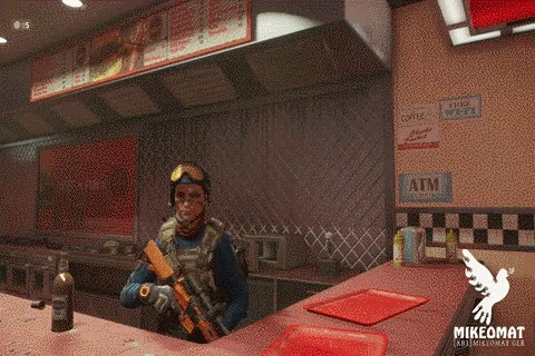 A Man With A Gun Stands In Front Of A Counter With A Sign That Says Atm On It GIF