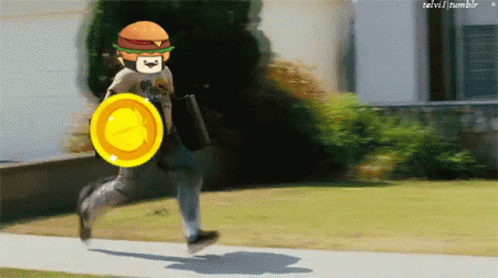 A Man With A Hamburger On His Head Is Running With A Yellow Frisbee GIF