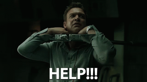 A Man With A Handcuff Around His Neck Says Help !!! GIF