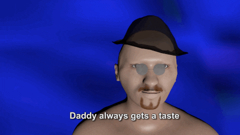 A Man With A Hat And Glasses Says Daddy Always Gets A Taste On A Blue Background GIF