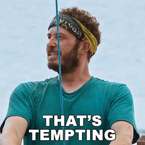A Man With A Headband That Says Survivor On It Is Holding A Fishing Rod And Says That 'S Tempting GIF