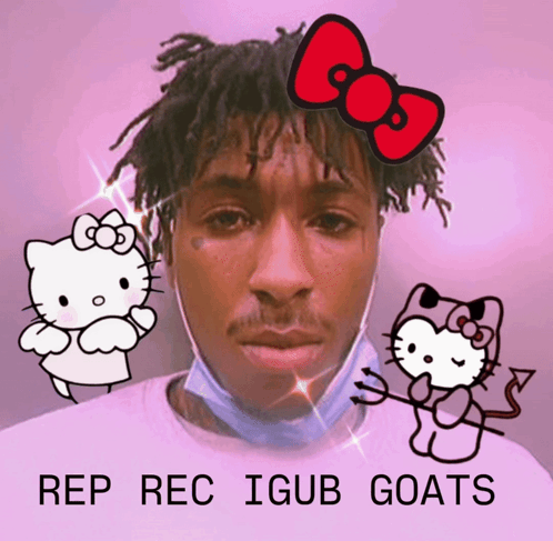 A Man With A Hello Kitty On His Head And The Words Rep Rec Igub Goats GIF